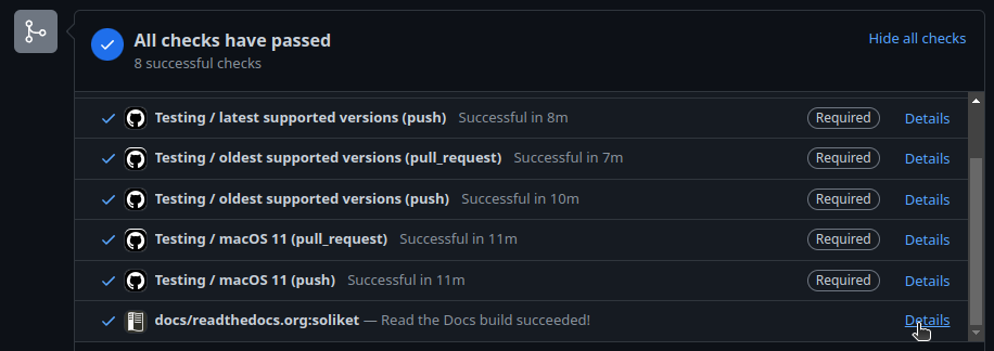 Click the "details" button on the right of the "docs" check to go to your documentation build.